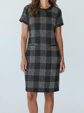 Karl Lagerfeld Black & Gray Plaid Short Sleeve Shift Dress